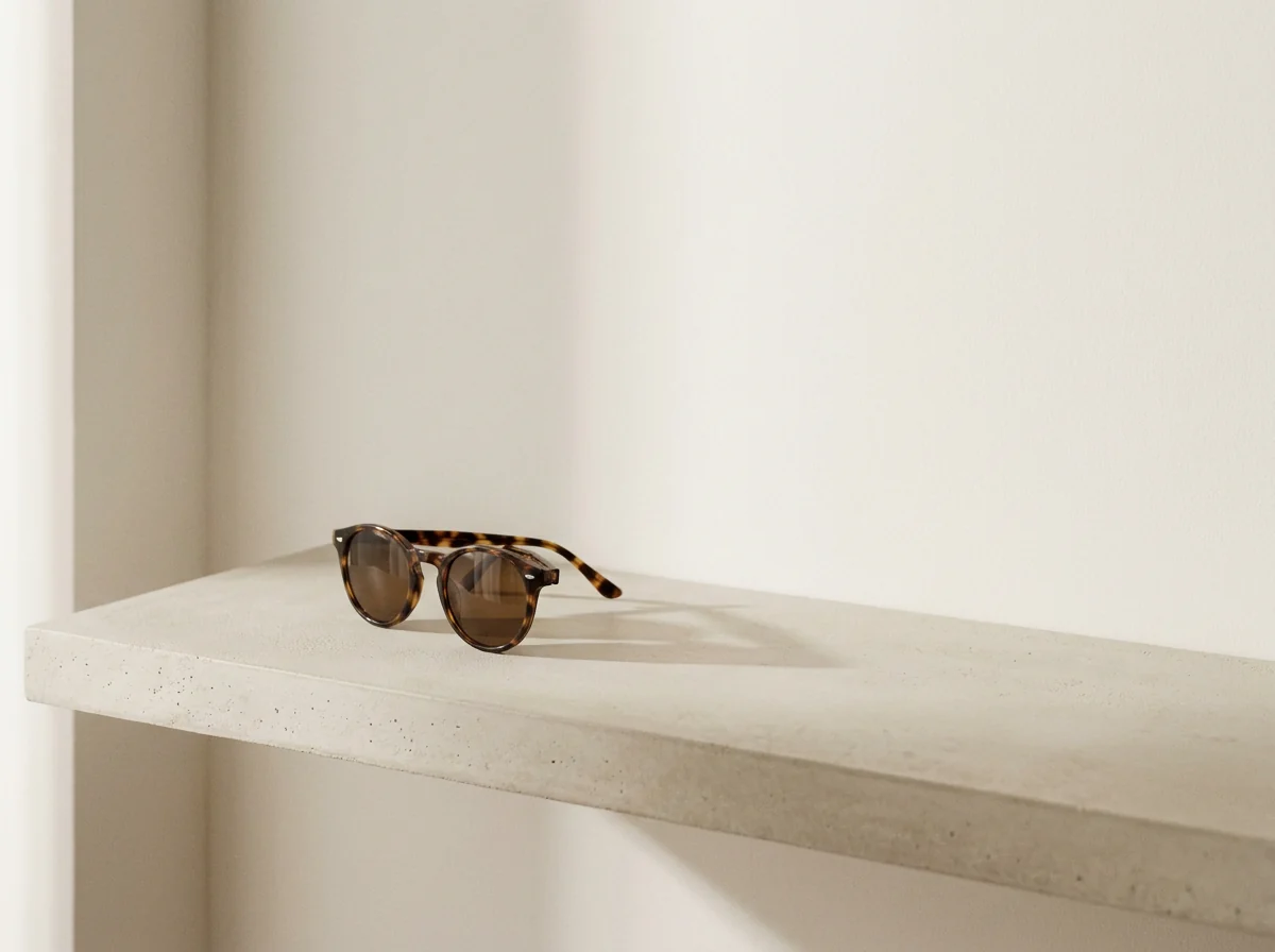 Eine Sonnenbrille auf einem Betonregal mit langem Schatten